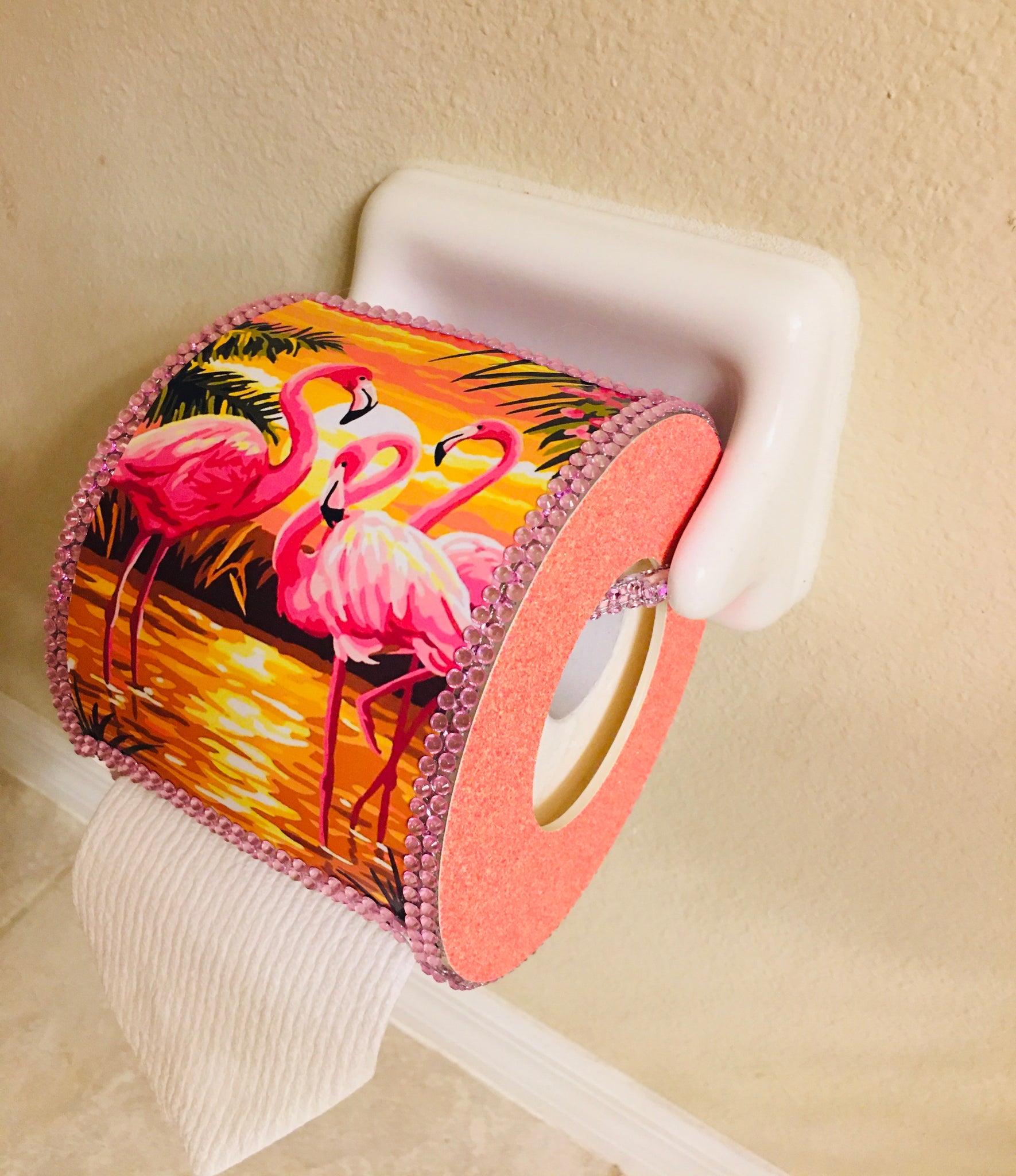 Tropical Pink Flamingo Haitian Metal Art Toilet Paper or Hand Towel Holder M244